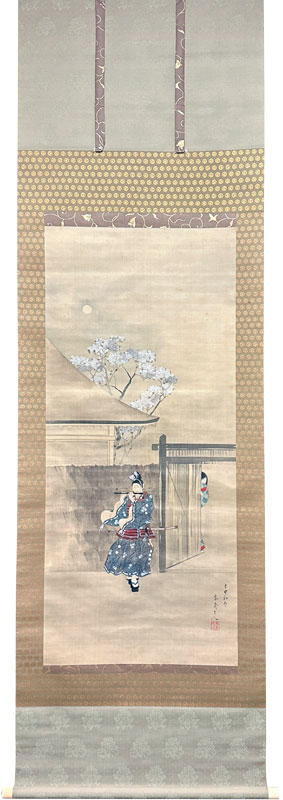 保管品】掛軸 観嵐『漁翁』中国彩色人物画 絹本 合わせ箱付