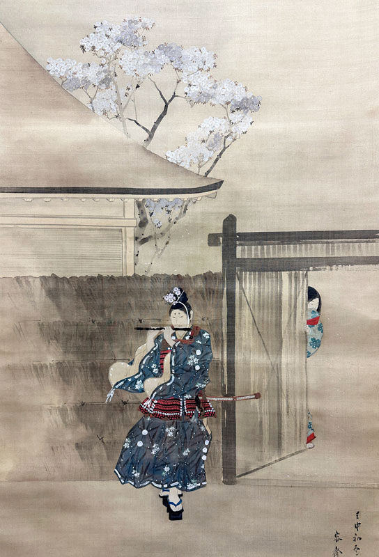 真作」 山形画家・【菊池華秋】 春かすみ・桜花美人之図 掛軸 共